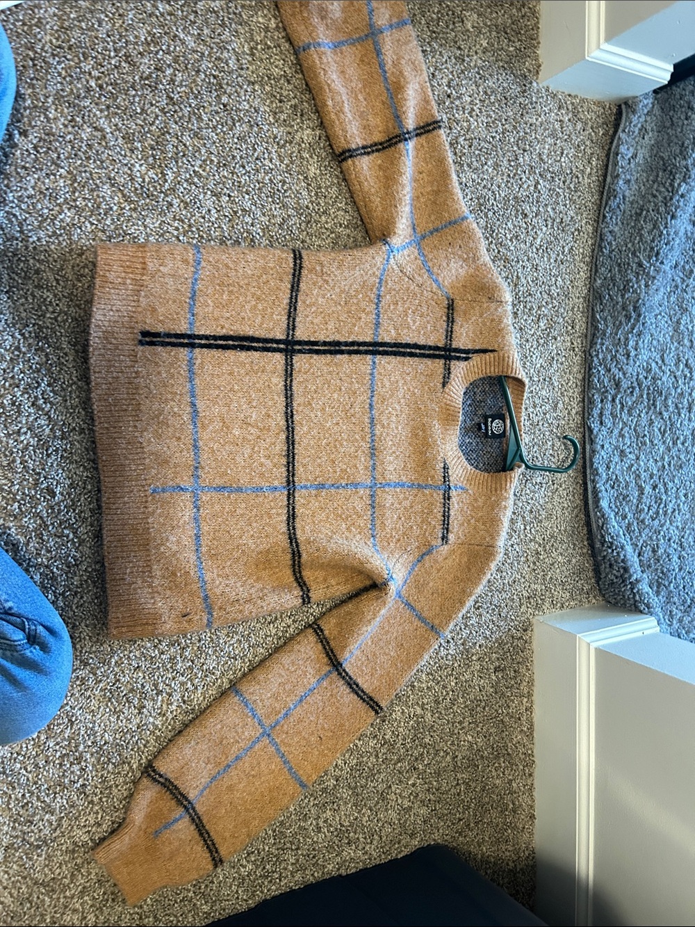 bobeau Tan Crewneck Sweater with Black & Blue Windowpane